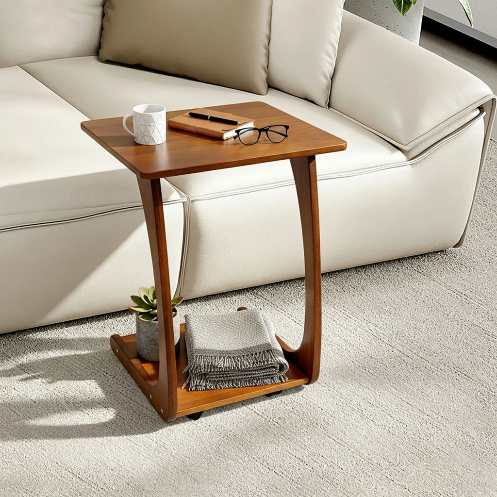 C-Shaped Rubber Wood End Table with Storage 40x46x63 cm Walnut