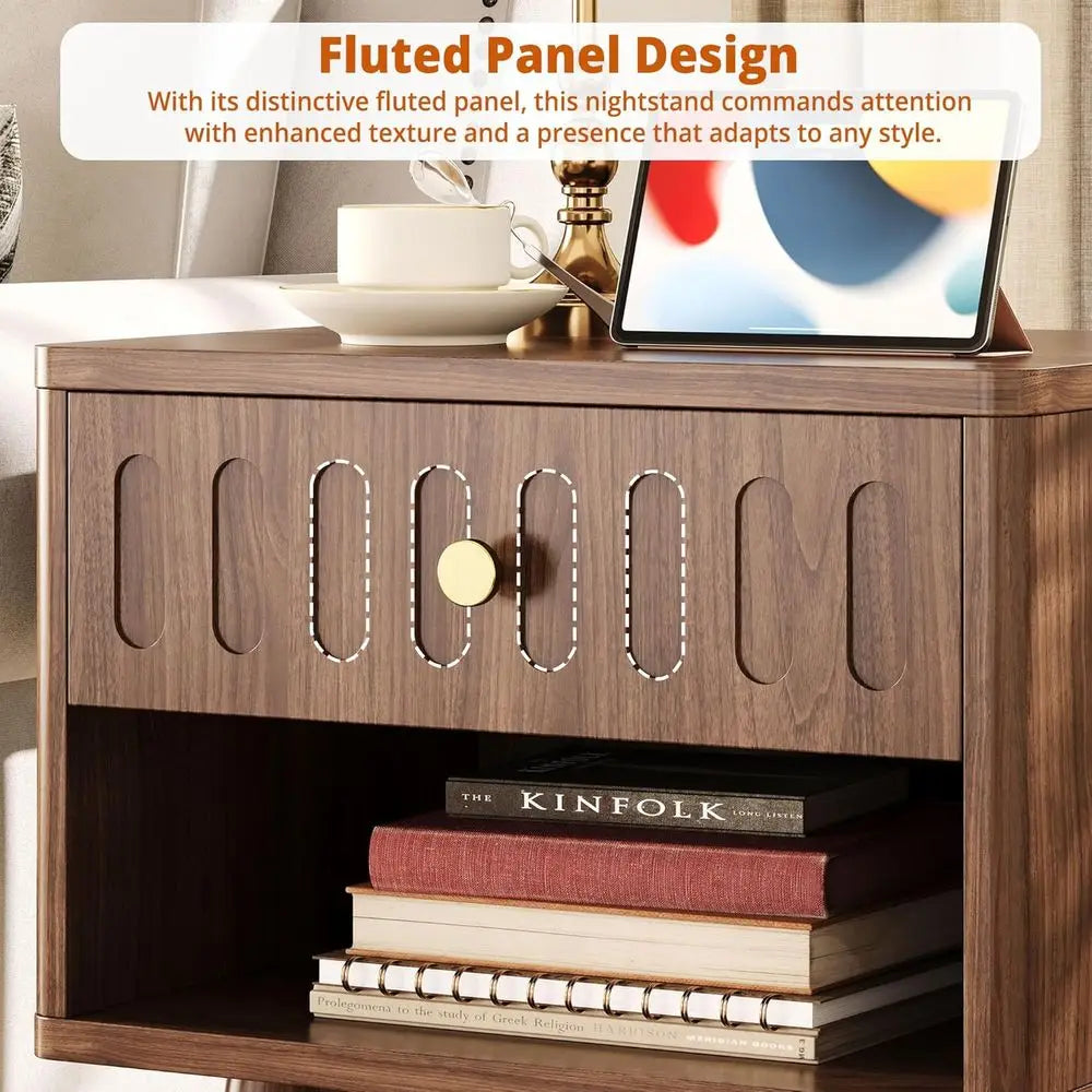 61cm Nightstand Set of 2 with Drawer Charging Station Open Shelf