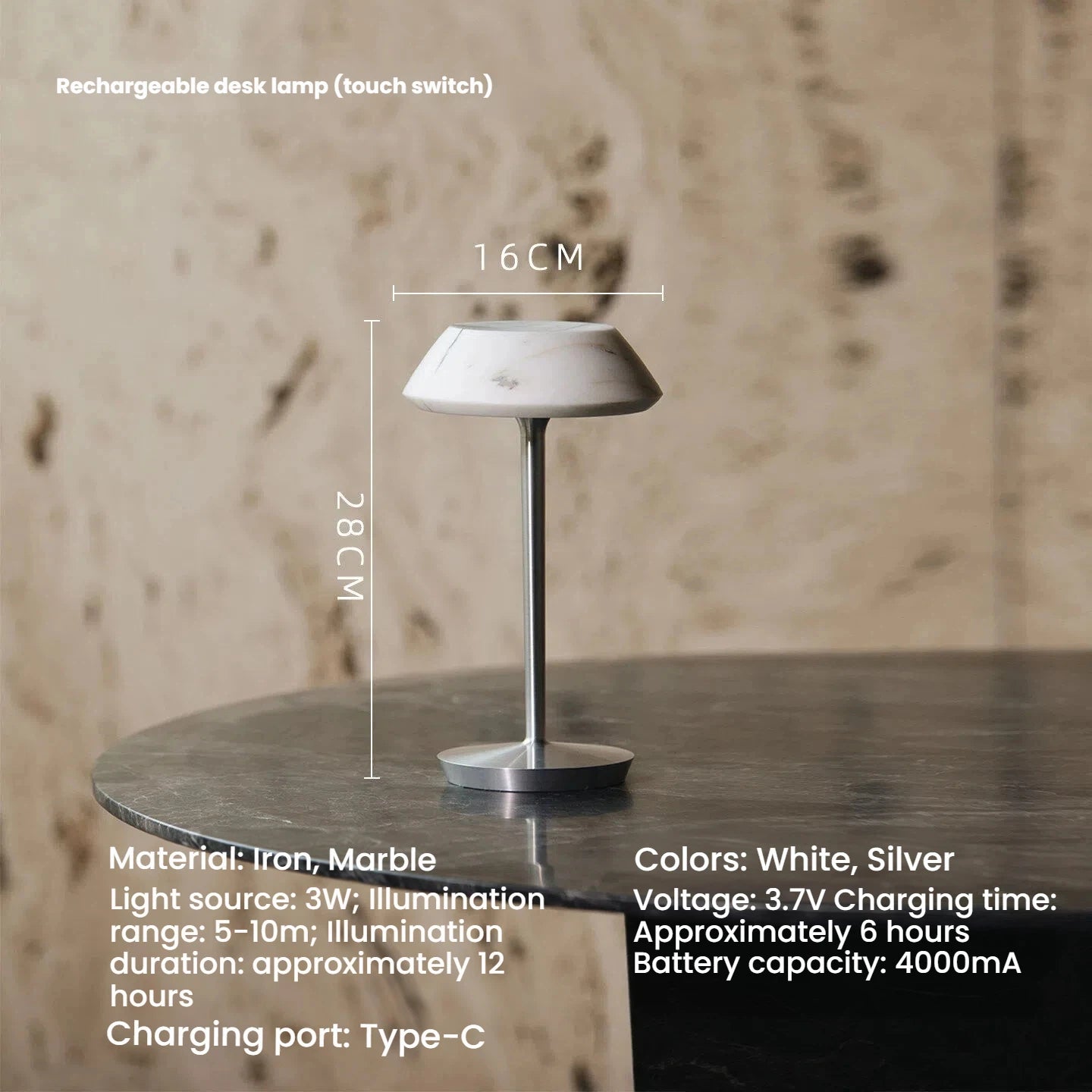Luxury Glass Marble Rechargeable Table Lamp Touch Control
