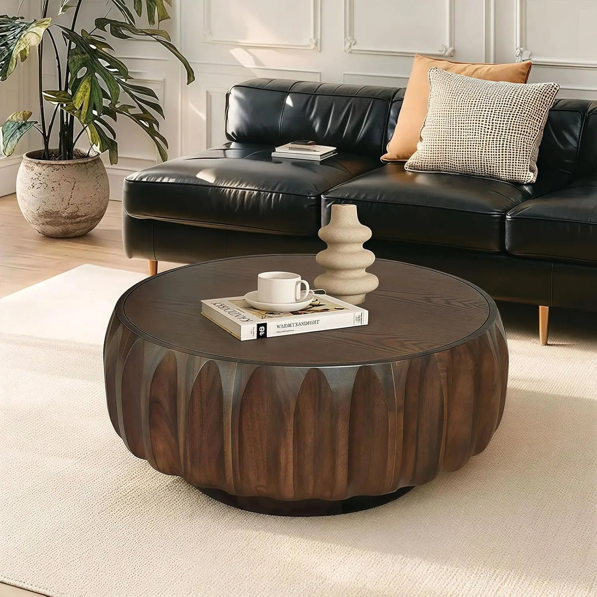 80 cm Modern Round Coffee Table with Sintered Stone Top Wood Veneer Tiered Base Living Room Furniture