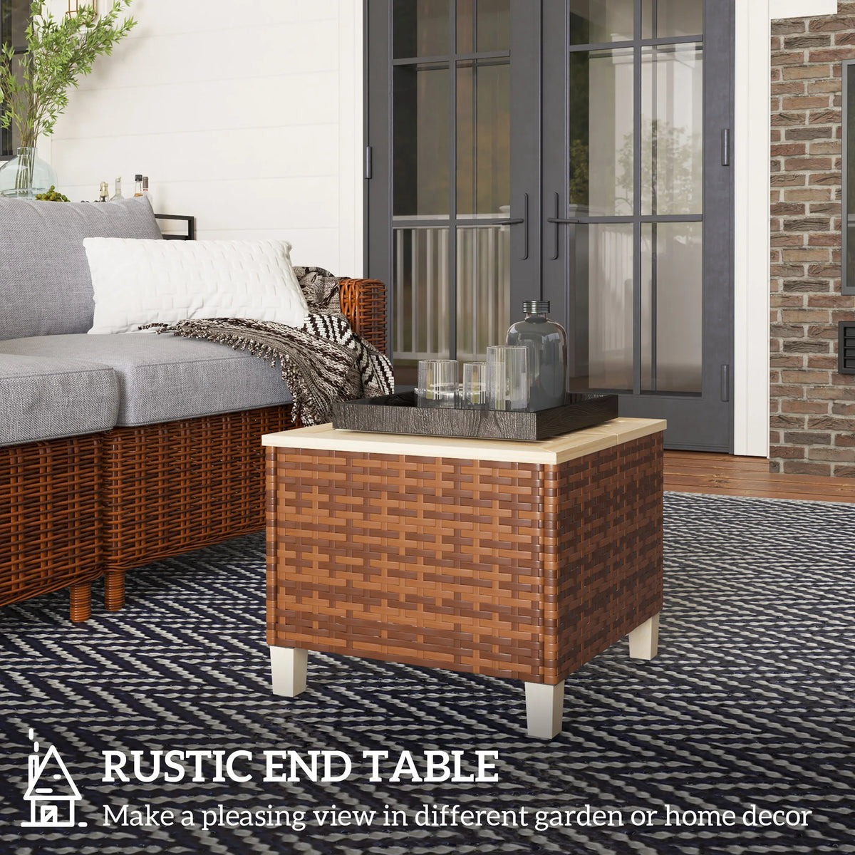 Outdoor PE Rattan Side Table with Wood Top Brown