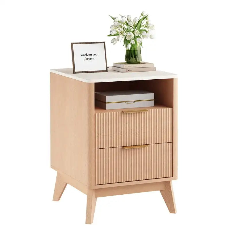 64cm Modern Nightstand with 2 Drawers Charging Station Faux Marble Top