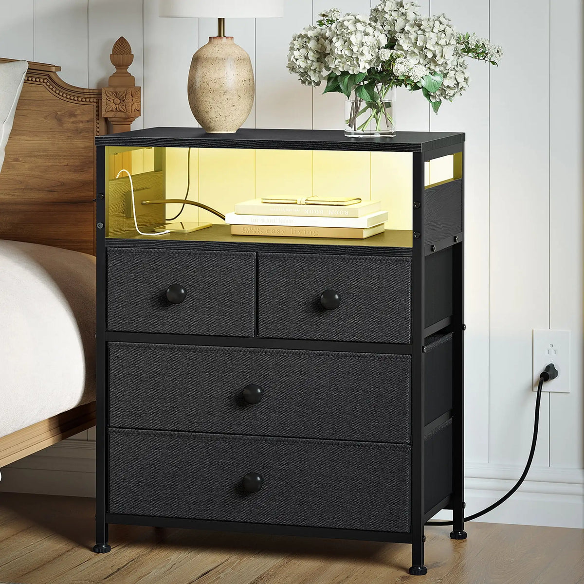 56cm LED Nightstand with 4 Fabric Drawers Charging Station Storage Shelf