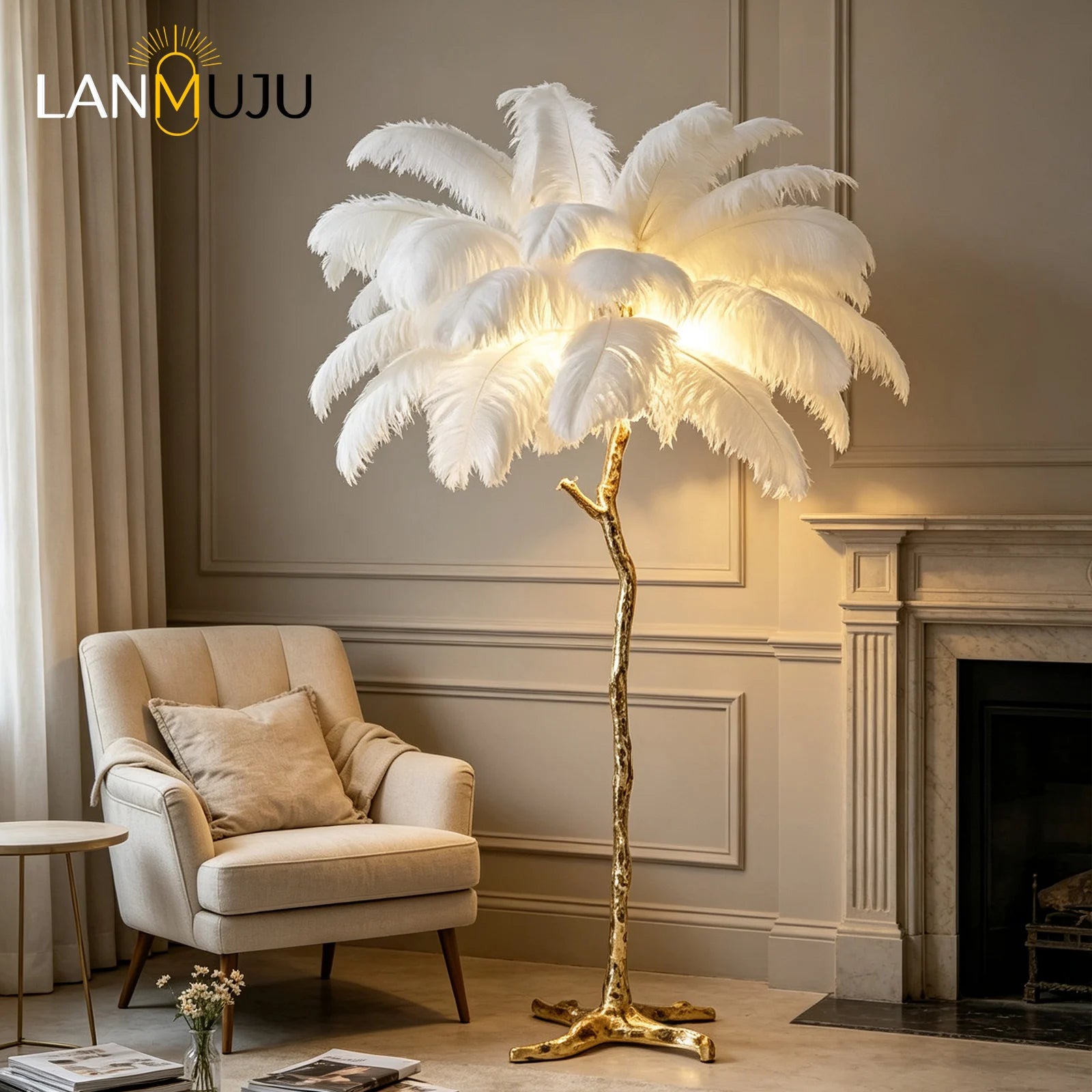 Modern Ostrich Feather LED Floor Lamp Resin Base Living Room Bedroom