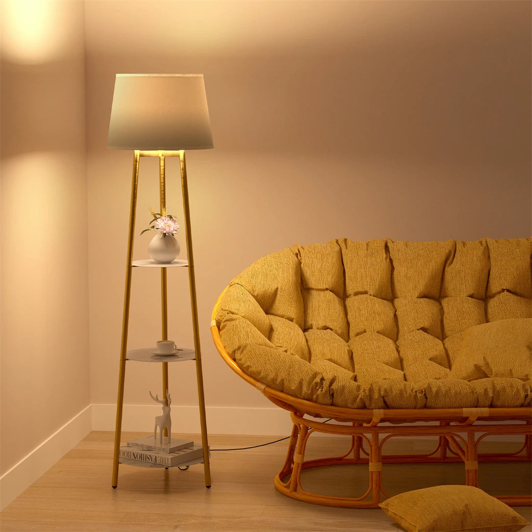 Modern Tripod Floor Lamp Free Standing Light Shade with Shelf Storage for Bedroom Living Room