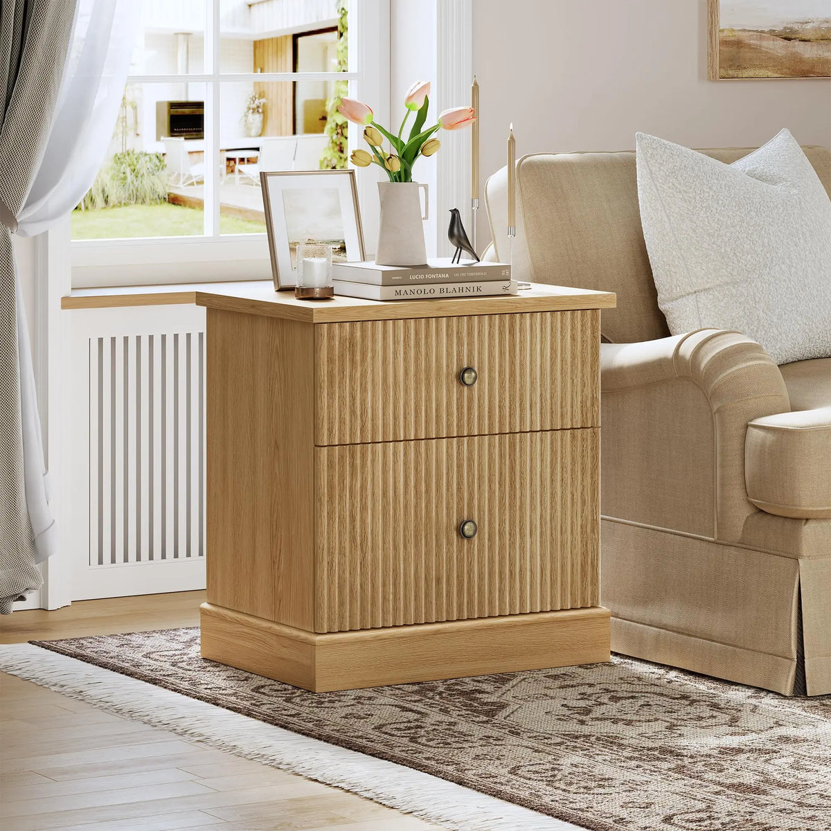 Mid Century Fluted Nightstand with 2 Storage Drawers Bedside Table Natural