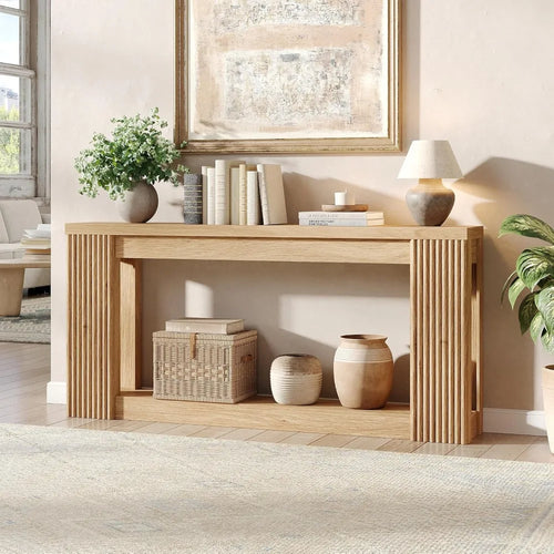 180 cm Fluted Wooden Console Table with Storage Rectangular Behind Couch Entryway Furniture