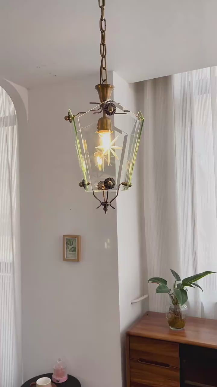 French Vintage Copper Pendant Light Etched Glass Bedroom Dining Room