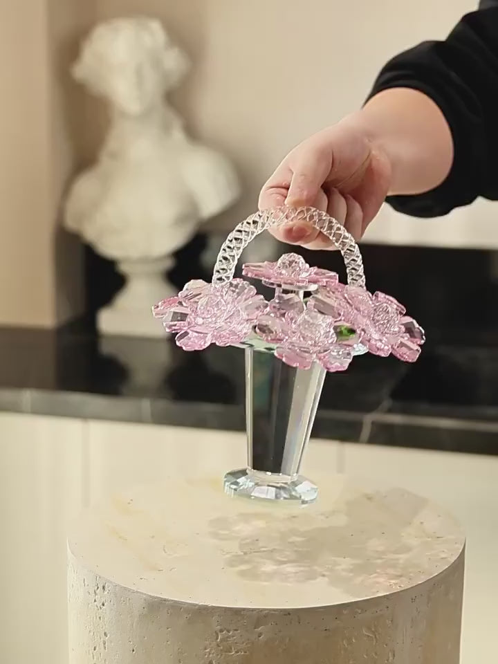 Modern Crystal Flower Basket Sculpture for Tabletop Decor