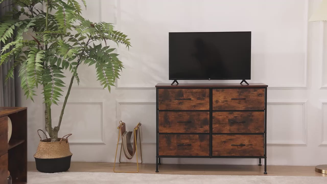 6-Drawer Fabric Nightstand Bedside Table with Metal Frame and Wooden Top
