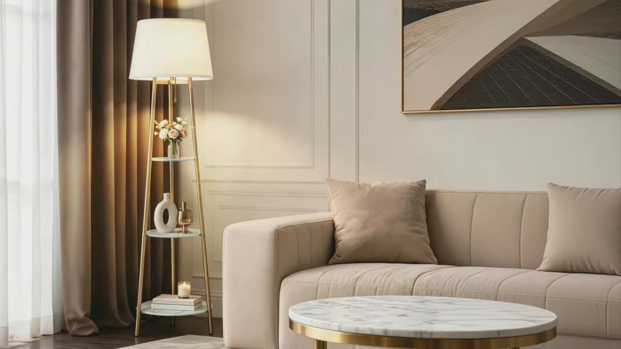 Modern Tripod Floor Lamp Free Standing Light Shade with Shelf Storage for Bedroom Living Room