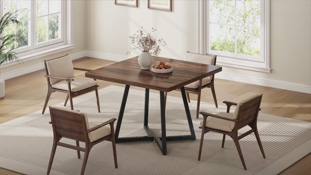 Square Industrial Dining Table with Wooden Top and Metal Base