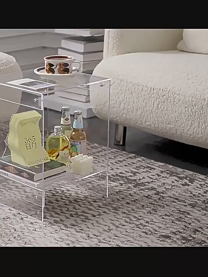 Nordic Acrylic Double-Deck Coffee Table Transparent Side Table with Storage for Living Room Bedroom