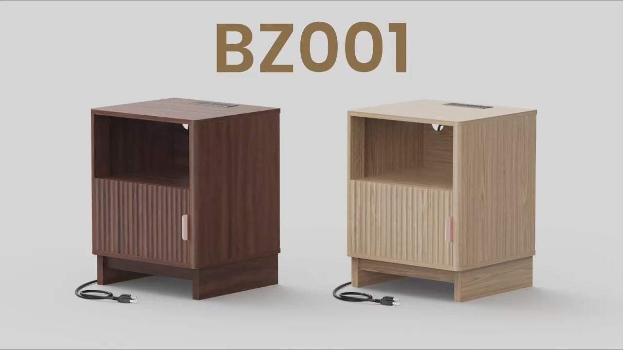 Fluted Wooden Nightstand with USB-C Charging Station and Open Shelf